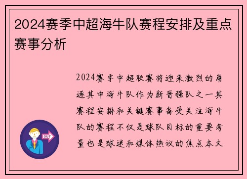 2024赛季中超海牛队赛程安排及重点赛事分析