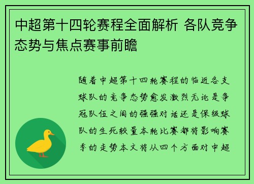 中超第十四轮赛程全面解析 各队竞争态势与焦点赛事前瞻