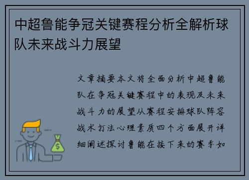 中超鲁能争冠关键赛程分析全解析球队未来战斗力展望